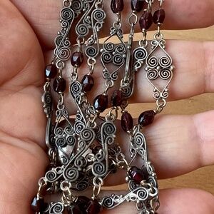 ANTIQUE STERLING SILVER GARNET BEADS STATION FILIGREE LACE DOUBLE NECKLACE